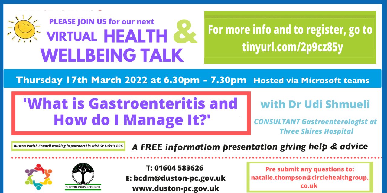 Duston Parish Council – next Wellbeing pop up on What is Gastroenteritis and how do I manage it?