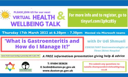 Duston Parish Council – next Wellbeing pop up on What is Gastroenteritis and how do I manage it?