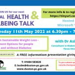 Duston Parish Council -Free wellbeing talk on Sustainable Wright Loss, Wednesday 11th May, see poster for more info