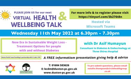Duston Parish Council -Free wellbeing talk on Sustainable Wright Loss, Wednesday 11th May, see poster for more info