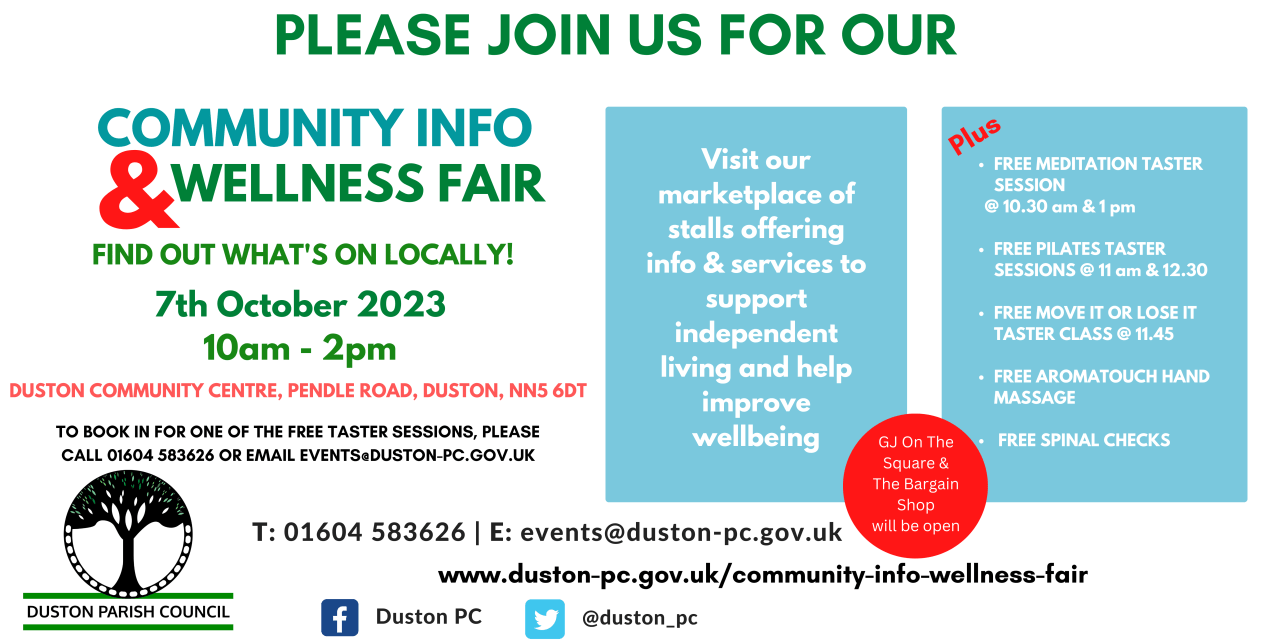 Duston Parish Council next wellbeing fair – 7th October, see poster for more info