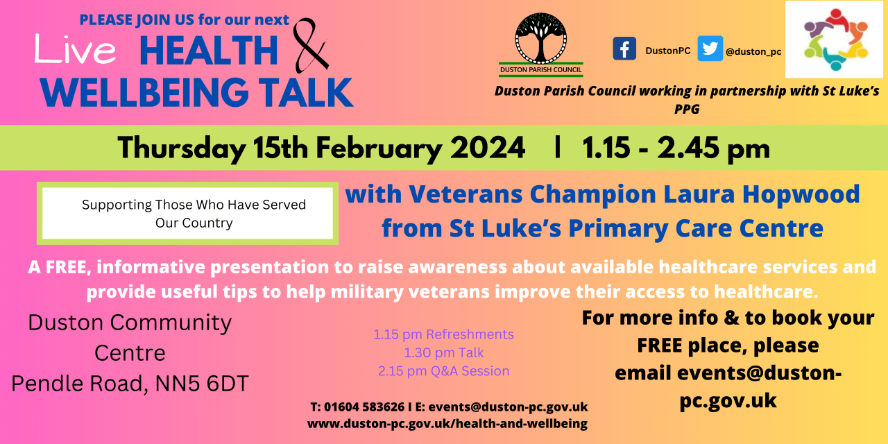 Duston Parish CouncilJoin us on the 15th February at 1.15 pm for a FREE, informative presentation.